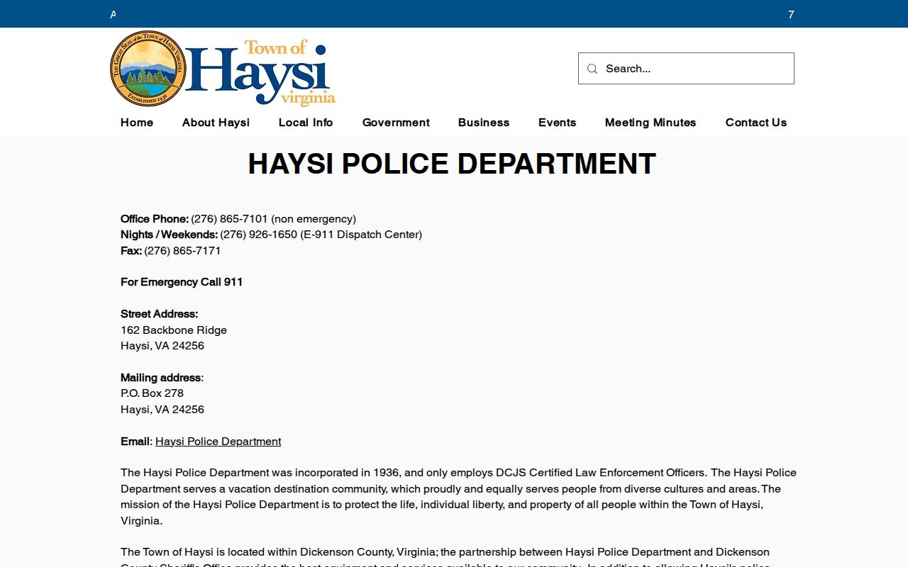 Haysi Police Department contact page for Haysi arrest-record requests
